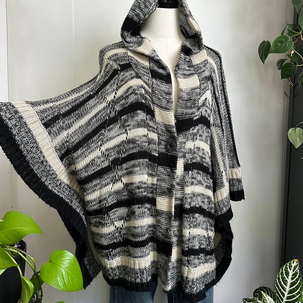 Cotton On Vintage Striped Hooded Poncho Black White Grey OSFA Boho 90s Sweater
